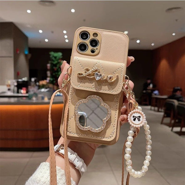 Apple phone case with mirror card holder oblique lanyard