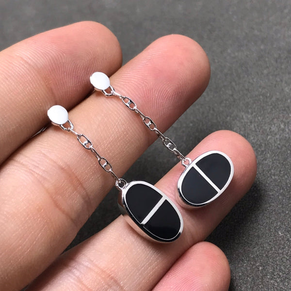 ˇFashion StreetˇCHAINE VERSO BLACK CERAMIC SILVER EARRINGS