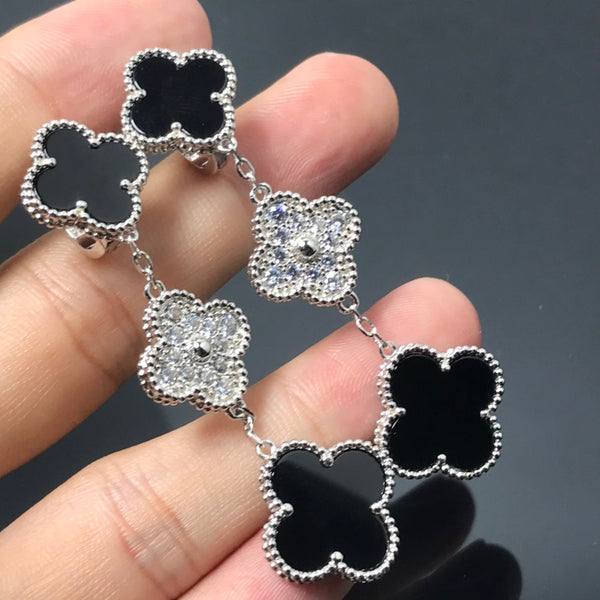 ˇFashion StreetˇCLOVER 3 MOTIF DIAMOND ONYX SILVER EARRINGS