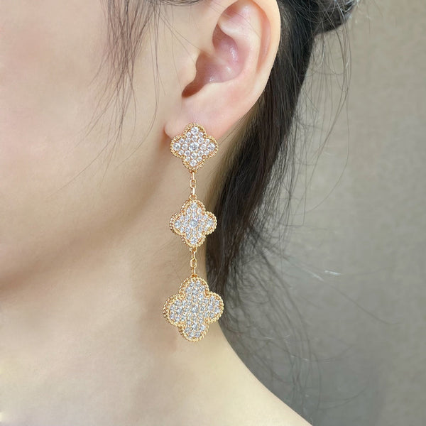 ˇFashion StreetˇCLOVER 3 MOTIFS DIAMOND PAVED ROSE GOLD EARRINGS