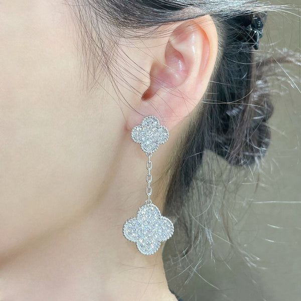 ˇFashion StreetˇCLOVER 2 MOTIFS DIAMOND PAVED SILVER EARRINGS