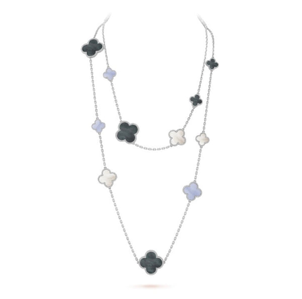 ˇFashion StreetˇCLOVER 16 MOTIF CHALCEDONY MOP SILVER NECKLACE