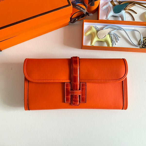 JIGE ELAN 29 CLUTCH IN BRIGHT ORANGE CALFSKIN WITH LIZARD SKIN (MADE-TO-ODER)