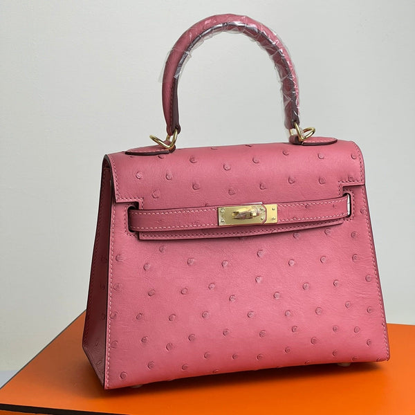 KELLY BAG 20 IN ROUGE PINK OSTRICH LEATHER WITH GOLD HARDWARE (MADE-TO-ODER)