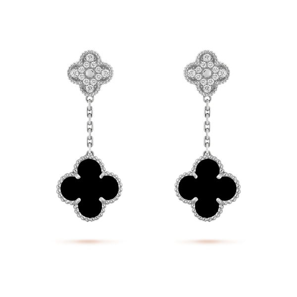 ˇFashion StreetˇCLOVER 2 MOTIFS  DIAMOND ONYX EARRINGS SILVER