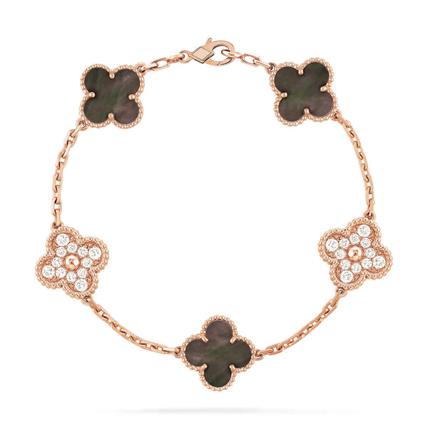 ˇFashion StreetˇCLOVER 5 MOTIFS DARK MOP AND DIAMONDS BRACELET