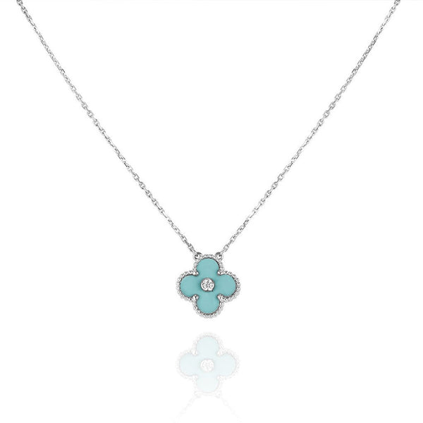 ˇFashion StreetˇCLOVER 1 DIAMOND LIGHT BLUE SILVER NECKLACE