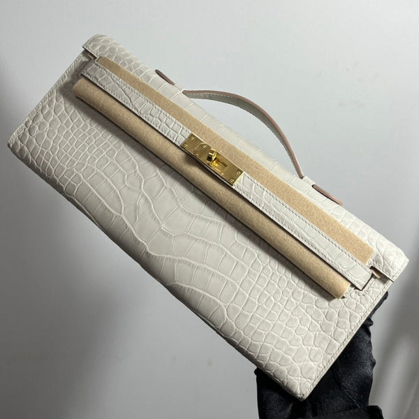 KELLY CUT 31 IN WHITE SHINNY ALLIGATOR LEATHER WITH GOLD HARDWARE (MADE-TO-ODER)