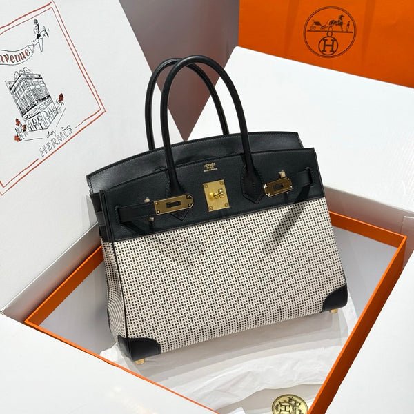 QUADRILLE BIRKIN 30CM IN BLACK SWIFT CALFSKIN WHITE BLACK PLAID TOILE CANVAS