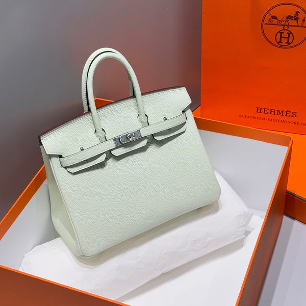 HERMES 25S MEDIUM BIRKIN 25 IN LIGHT MINT GREEN CALFSKIN SILVER HARDWARE