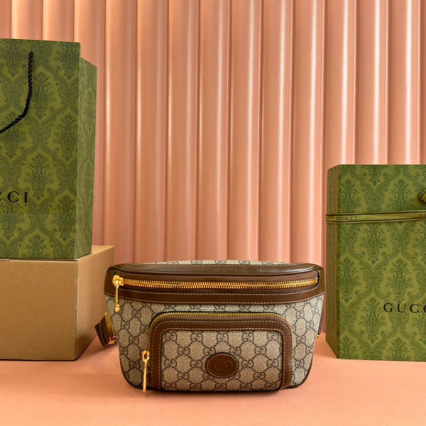 OPHIDIA BELT BAG 28 IN BROWN AND BEIGE GG CALFSKIN