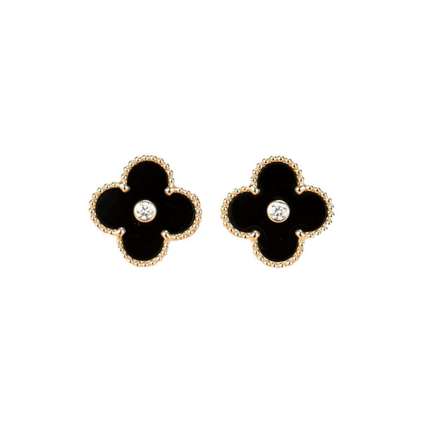 ˇFashion StreetˇCLOVER MEDIUM 1 MOTIFS ONYX DIAMOND EARRINGS