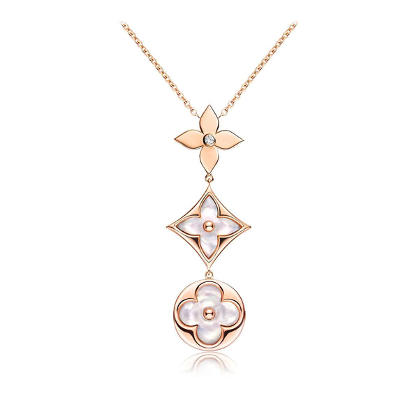 ˇFashion StreetˇCOLOR BLOSSOM LARIAT NECKLACE PINK GOLD WHITE MOTHER PEARL AND DIAMOND