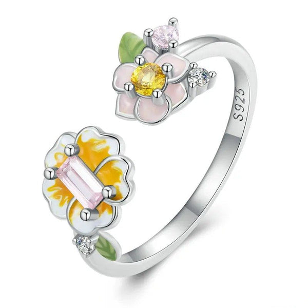 ˇFashion StreetˇColorful Enamel Flower Adjustable Ring Yellow Zircon Open Ring
