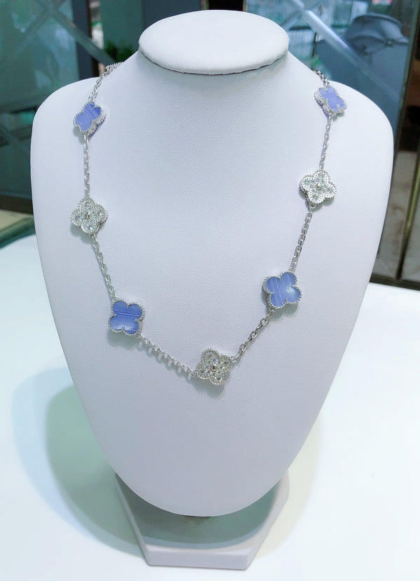 ˇFashion StreetˇCLOVER 10 MOTIFS CHALCEDONY DIAMONDS SILVER NECKLACE