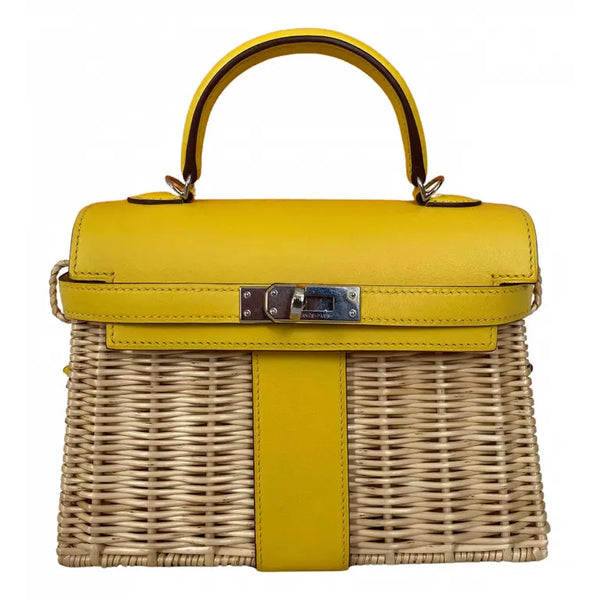 KELLY 20CM JAUNE DE NAPLES SWIFT IN YELLOW LEATHER AND WICKER SILVER HARDWARE