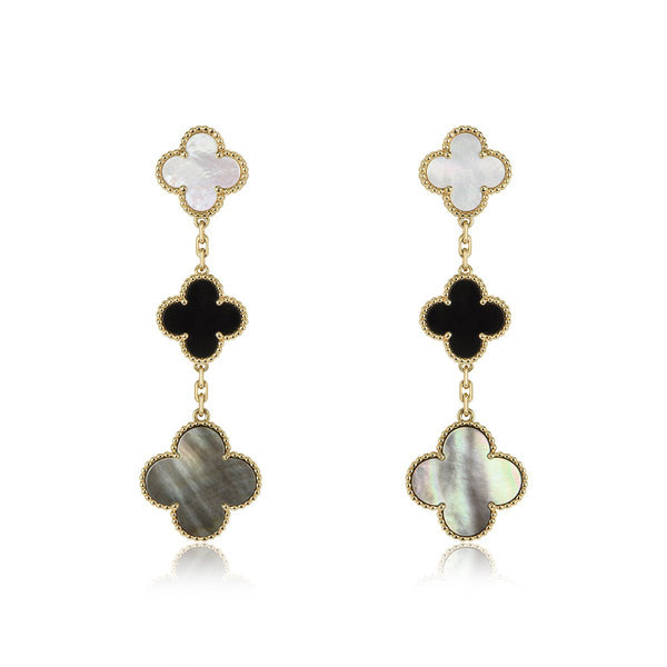 ˇFashion StreetˇCLOVER EARRINGS GOLD ONYX MOP 3 MOTIF